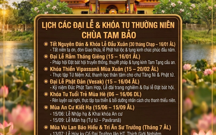 Lịch các đại lễ và khóa tu thường niên